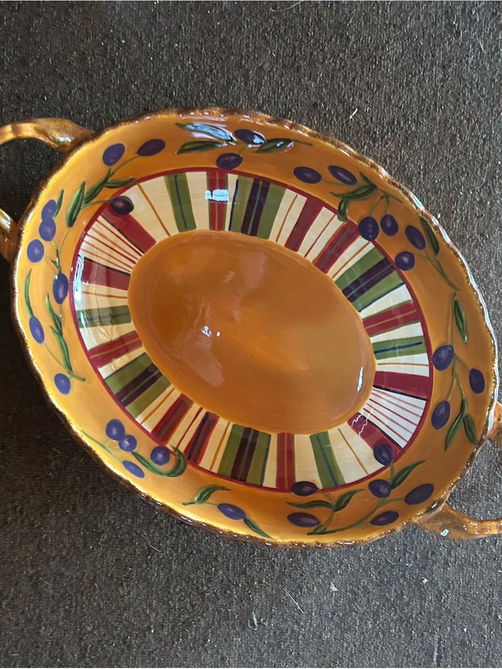 MWW market Orange Serving Bowl with Purple Olive Motif